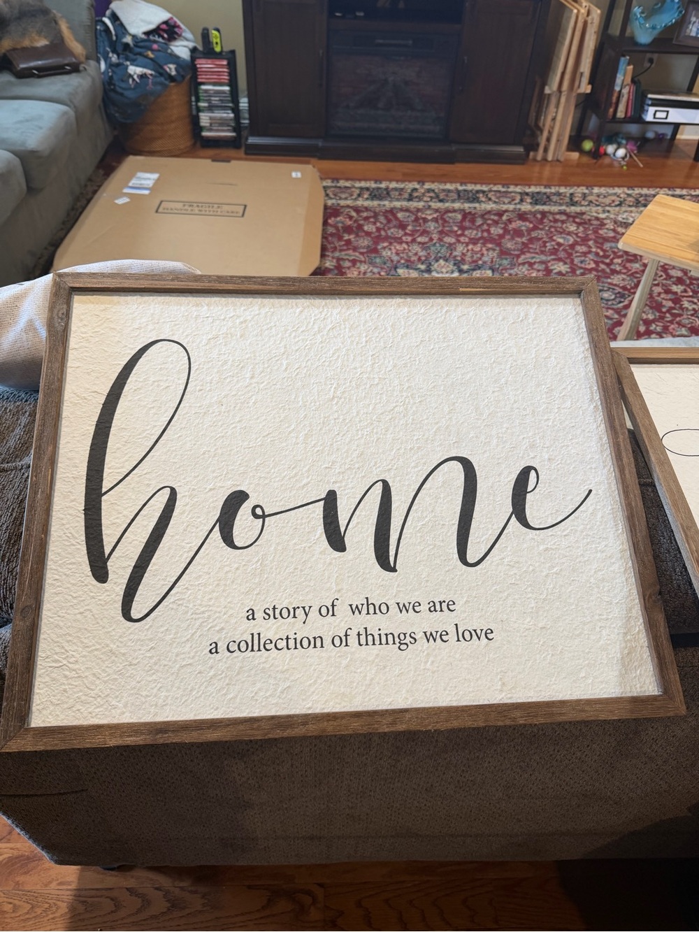 Home Script Wall Art Sign in Black and Wood Frame